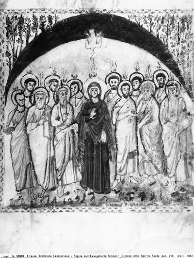 Zejście Ducha Świętego, folio z Ewangelii Rabula, 586 ne (tempera na welinie) autorstwa Byzantine School