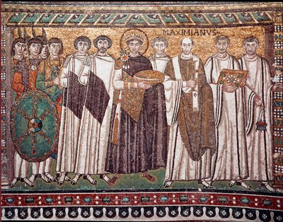 Cesarz Justynian I i jego orszak urzędników, strażników i duchownych, ok. 547 r. n.e. (mozaika) autorstwa Byzantine School