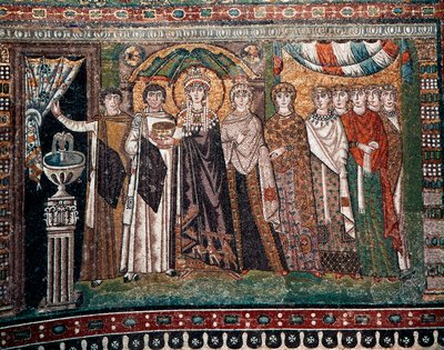 Cesarzowa Teodora z dworem złożonym z dwóch ministrów i siedmiu kobiet, ok. 547 r. n.e. (mozaika) autorstwa Byzantine School