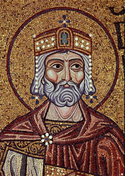 Król Dawid (X wiek pne). Dzieło bizantyjskiego mistrza, mozaika, detal dekoracji bazyliki św. Marka w Wenecji (Włochy). Sztuka bizantyjska, średniowiecze. Bazylika Świętego Marka w Wenecji. autorstwa Byzantine School