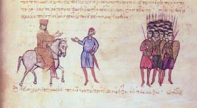 MMS Vitr 26-7 Armia bizantyjska wypędza Bułgarów z cara Kruma z madryckiego Skylitzes (atrament i złoto na welinie) autorstwa Byzantine School