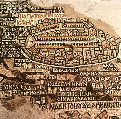 Miasto Jerozolima i okolice, fragment z mozaikowej mapy Madaba, Bizancjum, VI w. (mozaika) autorstwa Byzantine School