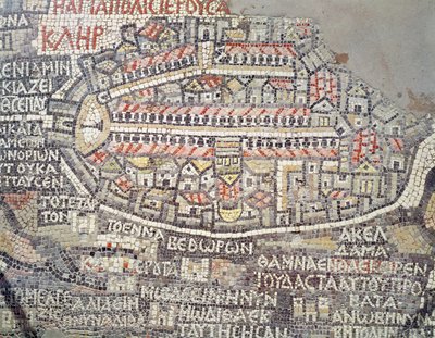 Miasto Jerozolima i okolice, fragment z mozaikowej mapy Madaba, Bizancjum, VI w. (mozaika) autorstwa Byzantine School