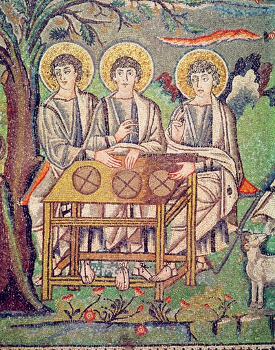 Trzej aniołowie, szczegół Gościnności Abrahama i Ofiary Izaaka, VI w. (mozaika) (zob. 154709) autorstwa Byzantine School