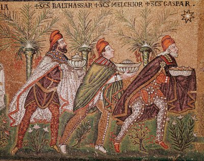 Pokłon Trzech Króli (szczegół mozaiki, VI wiek) autorstwa Byzantine School