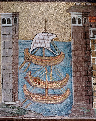 Widok łodzi w porcie Class (Detal mozaiki, VI wiek) autorstwa Byzantine School