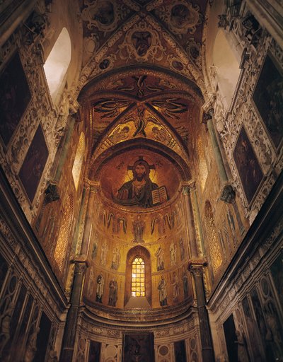 Widok absydy z Chrystusem Pantokratorem i Dziewicą podczas modlitwy w otoczeniu Archaniołów i Apostołów, 1148 (foto) (patrz także 97197) autorstwa Byzantine School