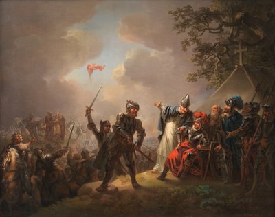 Legenda duńskiej flagi (Dannebrog) spadającej z niebios podczas bitwy pod Lyndanise (Tallin) w Estonii w 1219 roku autorstwa C.A. Lorentzen