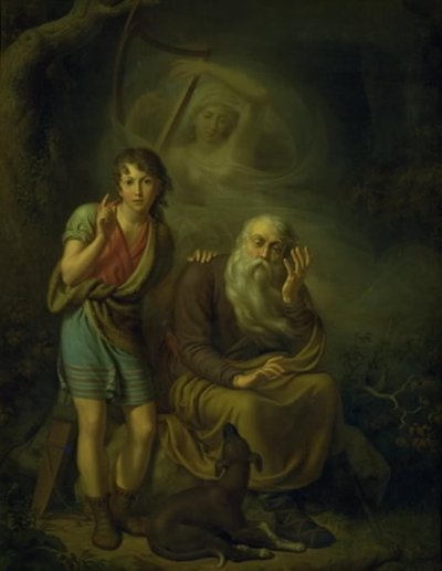 Syn Ossiana i Alpina słysząc, jak duch Malwiny dotyka harfy. Ilustrowanie Swansong Osjana autorstwa C.G. Kratzenstein Stub