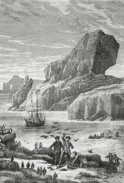 Odkrycie Francji Austral (Wyspy Kerguelena) przez francuskiego odkrywcę Yves-Josepha de Kerguelen-Tremarec (1734-1797), luty 1772, rycina, Ocean Indyjski, Terytorium Francuskich Ziem Południowych i Antarktycznych autorstwa J.B. and Brown J. Rowbotham