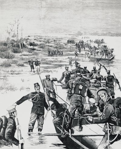 Wojska japońskie pod dowództwem Yamagaty Aritomo przekraczające rzekę Yalu autorstwa J.B. and Brown J. Rowbotham