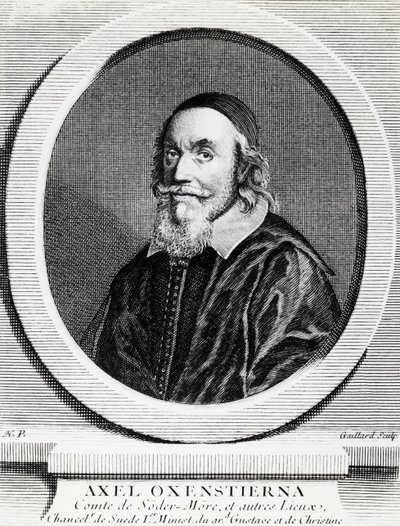 Portret Axela Oxenstierny Gustafssona (1583-1654), kanclerza Królestwa Szwecji, rycina autorstwa J.B. and Brown J. Rowbotham