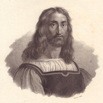 Portret włoskiego grawera Marcantonio Raimondiego (1480-1534), miedzioryt Barniego z obrazu Raffaello Sanzio autorstwa J.B. and Brown J. Rowbotham
