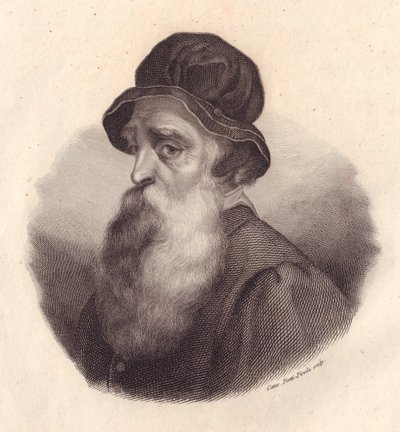 Portret włoskiego rzeźbiarza i złotnika Benvenuto Celliniego (1500-1571), miedzioryt Cateriny Piotti-Pirola z obrazu Giorgio Vasari autorstwa J.B. and Brown J. Rowbotham