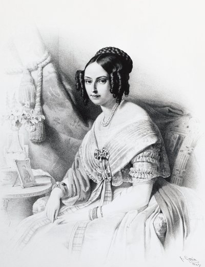 Portret Marii Adelajdy Habsbursko-Lotaryńskiej (1822-1855), żony Wiktora Emanuela II Sabaudzkiego, rycina autorstwa J.B. and Brown J. Rowbotham