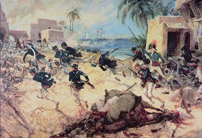 US Marines Zdobądź piracką fortecę Barbary w Dernie, Trypolis, 27 kwietnia 1805 (akwarela na papierze) autorstwa C.H. Waterhouse
