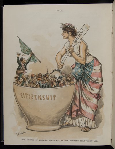 Moździerz asymilacji - i jedyny element, który się nie miesza, ilustracja z magazynu Puck, 26 czerwca 1889 autorstwa C.J. Taylor