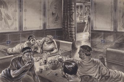 Anglo-Rzymianin jedzący w triclinium (gwasz na papierze) autorstwa C.L. Doughty