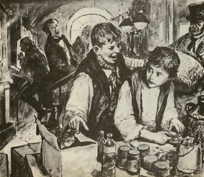 Charles Dickens jako chłopiec w fabryce czernidła (litografia) autorstwa C.L. Doughty