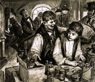Charles Dickens w fabryce czernidła (gwasz na papierze) autorstwa C.L. Doughty