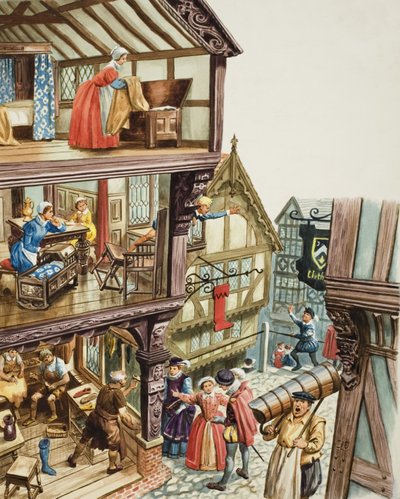Elizabethan Townscape (gwasz na papierze) autorstwa C.L. Doughty
