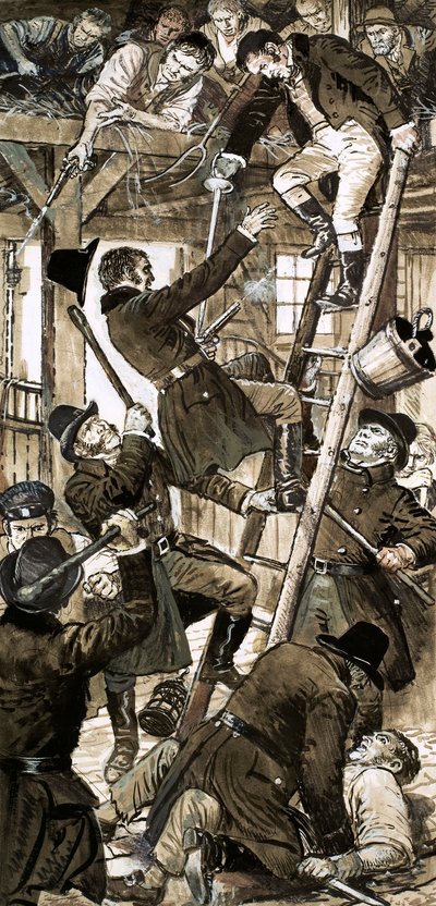 Spotkanie funkcjonariuszy z Bow Street i konspiratorów z Cato Street 23 lutego 1820 r. (gwasz na papierze) autorstwa C.L. Doughty