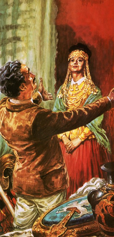 Heinrich Schliemann ozdabia swoją żonę ornamentami wykopanymi na terenie starożytnej Troi autorstwa C.L. Doughty