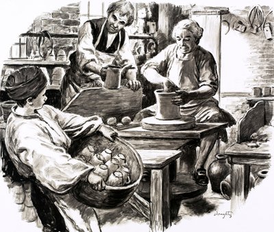 Josiah Wedgwood był praktykantem w rodzinnej firmie garncarskiej (gwasz na papierze) autorstwa C.L. Doughty