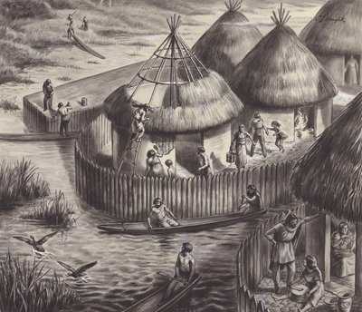 Mieszkańcy jeziora w Glastonbury (gwasz na papierze) autorstwa C.L. Doughty