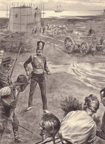 Wieże Martello budowane w oczekiwaniu na inwazję Napoleona na Anglię (gwasz na papierze) autorstwa C.L. Doughty