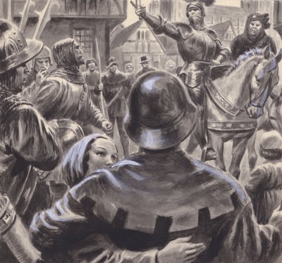 Kłócący się szlachcice rekrutowali armie z bezrobotnych byłych żołnierzy, którzy napłynęli do Anglii po zakończeniu wojny stuletniej w 1453 r. (gwasz na papierze) autorstwa C.L. Doughty