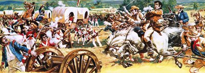 Sam Houston na białym koniu szarżujący na Meksykanów autorstwa C.L. Doughty