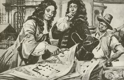 Sir Christopher Wren, architekt katedry św. Pawła w Londynie (litografia) autorstwa C.L. Doughty