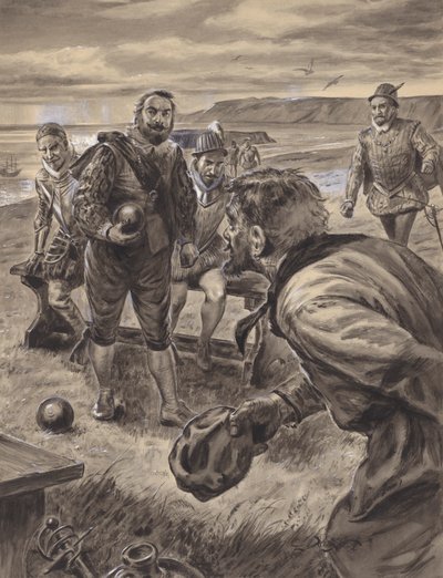 Sir Francis Drake grający w kręgle, otrzymujący wiadomość o hiszpańskiej Armadzie (gwasz na papierze) autorstwa C.L. Doughty