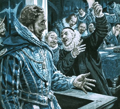 Sir Walter Raleigh broniący się przed oskarżeniami Edwarda Coke