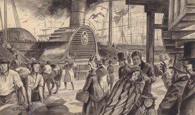 Statek parowy Cunard Company The Britannia, który rozpoczął dwutygodniowe rejsy do Ameryki w 1840 roku (gwasz na papierze) autorstwa C.L. Doughty