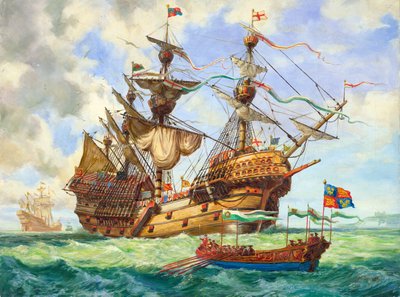 Wielki Harry, flagowy okręt floty króla Henryka, wyposażony w 251 dział (gwasz na papierze) autorstwa C.L. Doughty