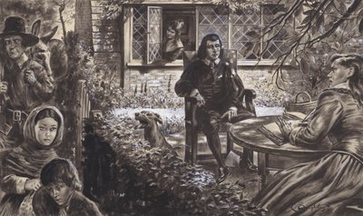 Poeta John Milton w swoim ogrodzie z córkami (gwasz na papierze) autorstwa C.L. Doughty