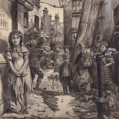 Scena z wiktoriańskich slumsów (gwasz na papierze) autorstwa C.L. Doughty