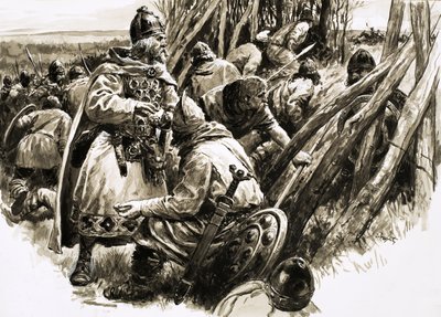 Wraz z niewielką grupą lojalnych zwolenników, król Alfred wycofał się na bagna autorstwa C.L. Doughty