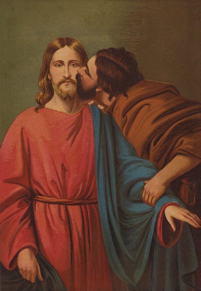 Judasz zdradzający pocałunkiem (kolorowa litografia) autorstwa C.M. Gonne