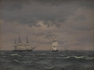 Korweta refująca żagle w rześkim wietrze i kilka innych statków autorstwa Christoffer Wilhelm Eckersberg