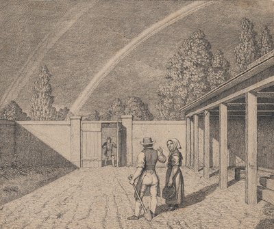 Para rozmawiająca na stajni, z podwójną tęczą nad głową, z Linear Perspec..., 1841. autorstwa Christoffer Wilhelm Eckersberg