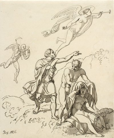 Kompozycja alegoryczna; para młodych mężczyzn z oślimi uszami i siedzącą nagą kobietą, w tle unoszący się czas i fauna autorstwa Christoffer Wilhelm Eckersberg
