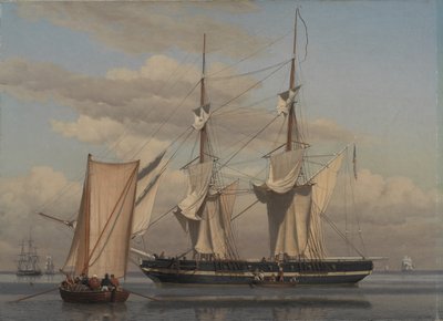 Brygada marynarki amerykańskiej leży na kotwicy, gdy jej żagle wysychają autorstwa Christoffer Wilhelm Eckersberg