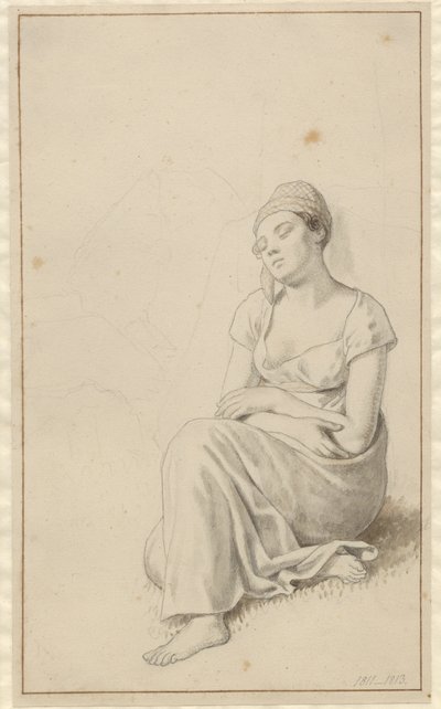 Kobieta oparta o kamienny blok i śpiąca. autorstwa Christoffer Wilhelm Eckersberg