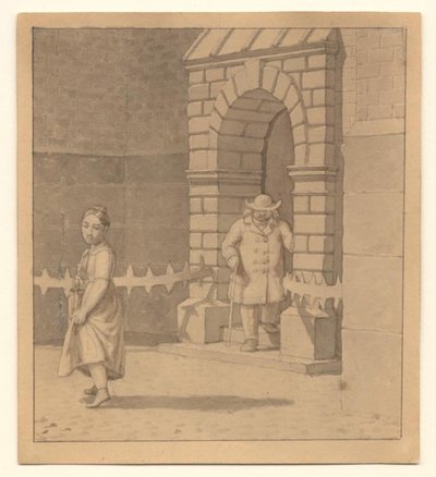 Zdjęcie uliczne z młodą dziewczyną unoszącą nieco sukienkę; w tle starszy mężczyzna z laską autorstwa Christoffer Wilhelm Eckersberg