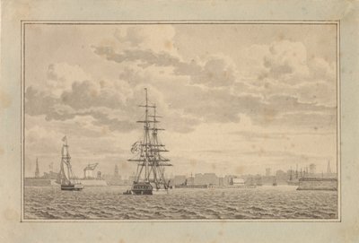 Kopenhaga widziana z Yderhavnen z brygiem na kotwicy i slupem żaglowym. autorstwa Christoffer Wilhelm Eckersberg