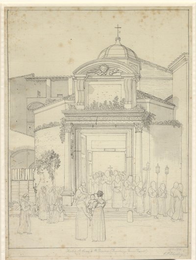 Kościół stoi. Kosmos i Sta. Damians (świątynia Romolus i Remus) z mnichami w procesji wychodzącymi z drzwi kościoła. autorstwa Christoffer Wilhelm Eckersberg