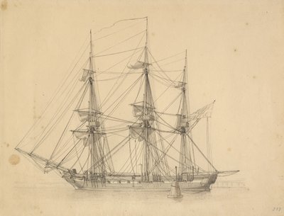 Zacumowana w nabrzeżu floty korweta Flora suszy żagle. autorstwa Christoffer Wilhelm Eckersberg